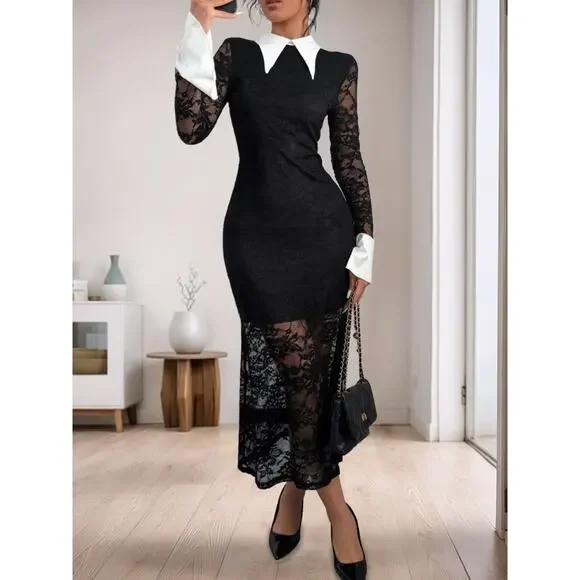 Lace Long Sleeve Collared Midi Dress - Picture 1 of 9